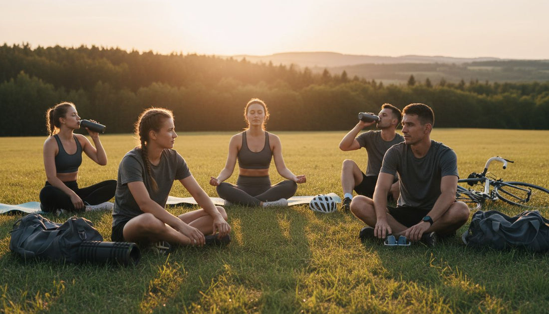 Athletes relaxing post-workout at sunset