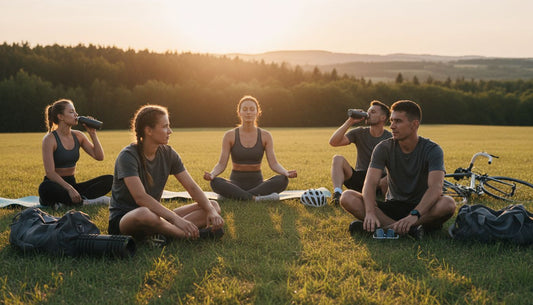 Athletes relaxing post-workout at sunset