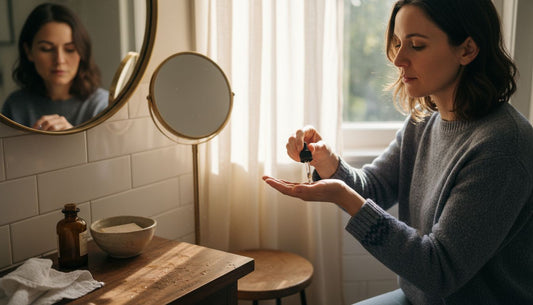 Woman applying essential oil on skin near window