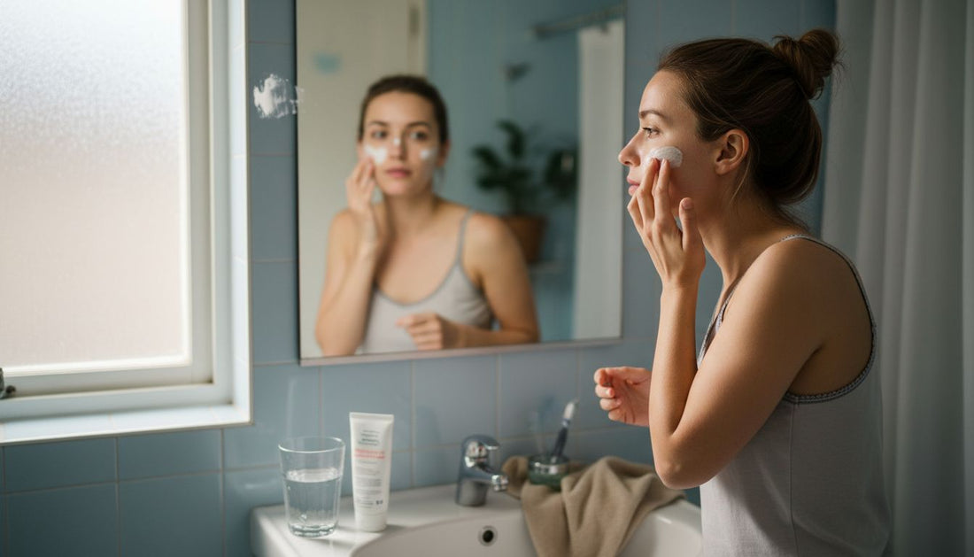 Woman applies sunscreen in morning bathroom