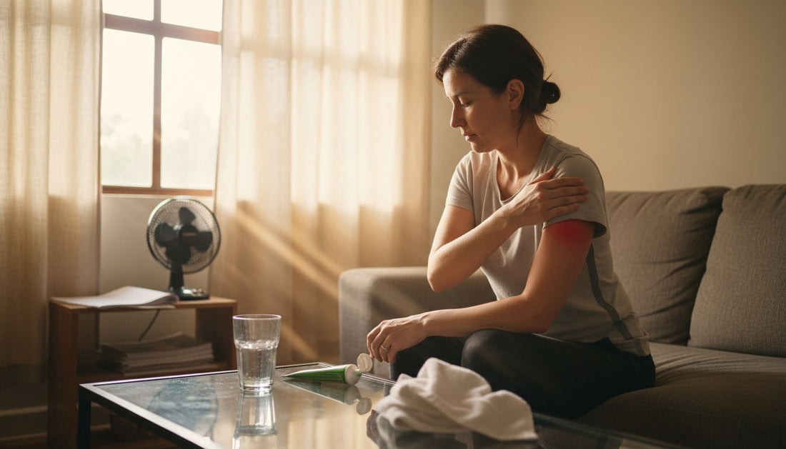 Woman comforts sunburned shoulder with aloe gel