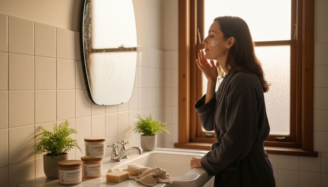 Eine Frau trägt bei Tageslicht am Waschbecken vegane Kosmetik auf.