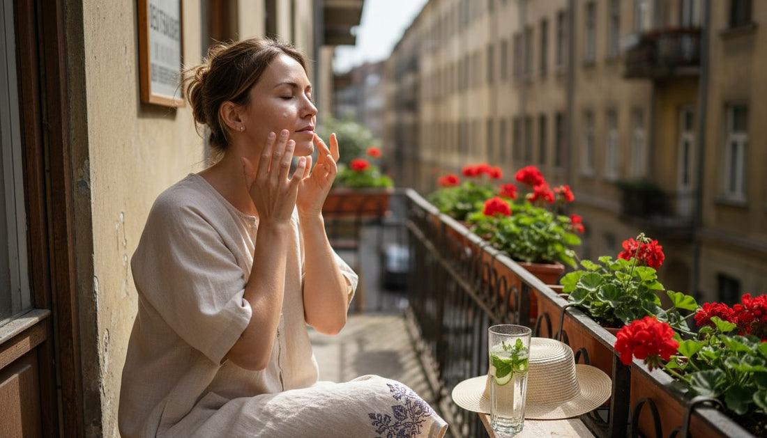 Eine Frau genießt die Sonne auf ihrem Balkon und verwöhnt ihre Haut mit natürlicher Pflege.