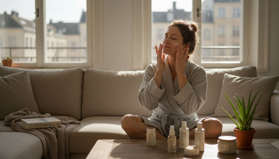 Eine Frau sitzt entspannt auf dem Sofa und trägt behutsam ihre Gesichtspflege auf.