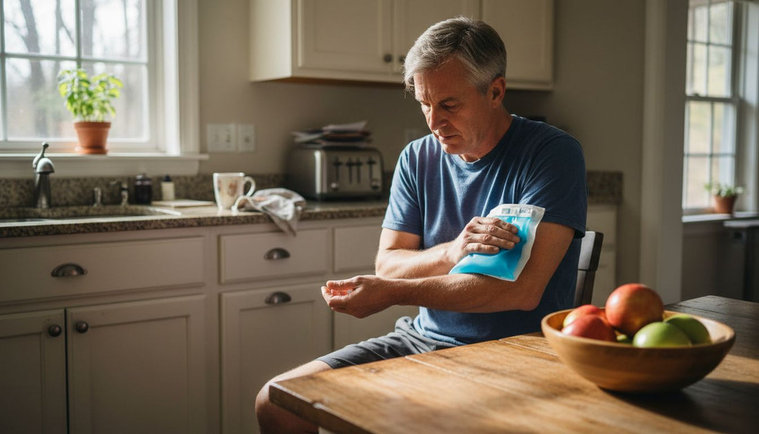 Ein Mann kühlt seinen Unterarm mit einer Eispackung.