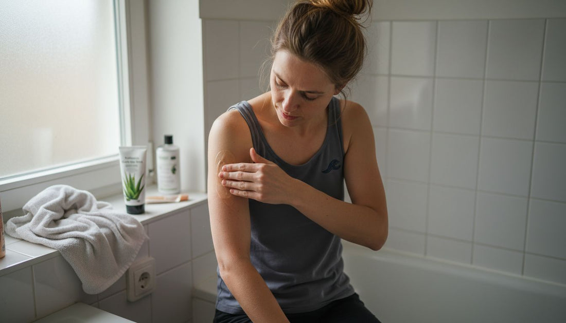 Eine Frau trägt ein kühlendes Gel auf ihre Haut auf.