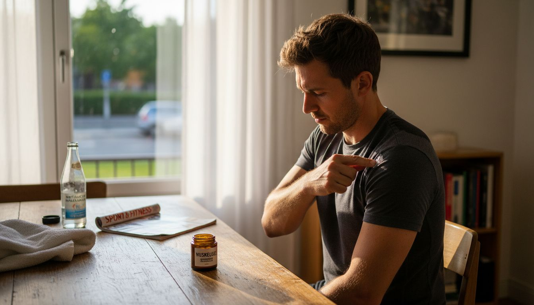 Nach dem Sport trägt ein Mann ein kühlendes Gel mit natürlichen Inhaltsstoffen auf, um seine Muskeln zu entspannen.