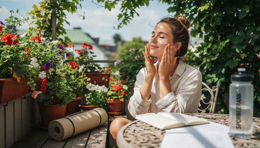 Eine Frau genießt ihre Sommerpflege auf dem sonnigen Balkon.