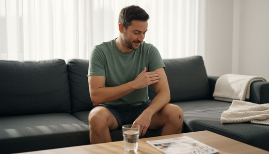 Ein Mann trägt ein kühlendes Gel auf seinen erschöpften Arm auf.