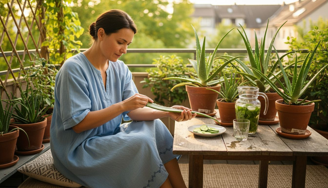 Eine Frau genießt die sommerliche Frische auf dem Balkon und setzt dabei auf natürliche Methoden zur Abkühlung.