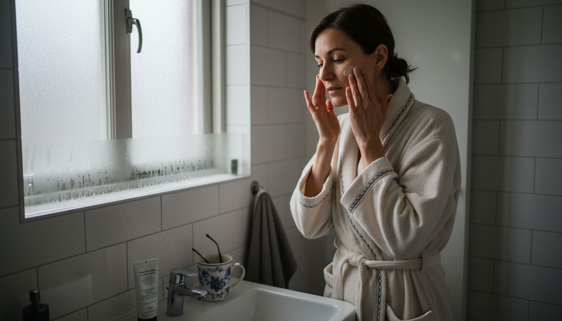 An einem kalten Wintermorgen steht eine Frau im Badezimmer und trägt sorgfältig ihre Gesichtscreme auf, um ihre Haut vor der trockenen Heizungsluft zu schützen.