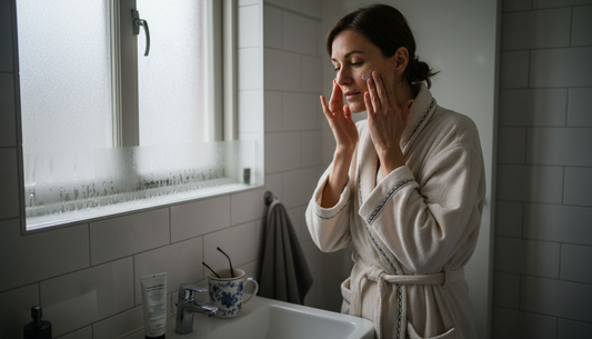 An einem kalten Wintermorgen steht eine Frau im Badezimmer und trägt sorgfältig ihre Gesichtscreme auf, um ihre Haut vor der trockenen Heizungsluft zu schützen.