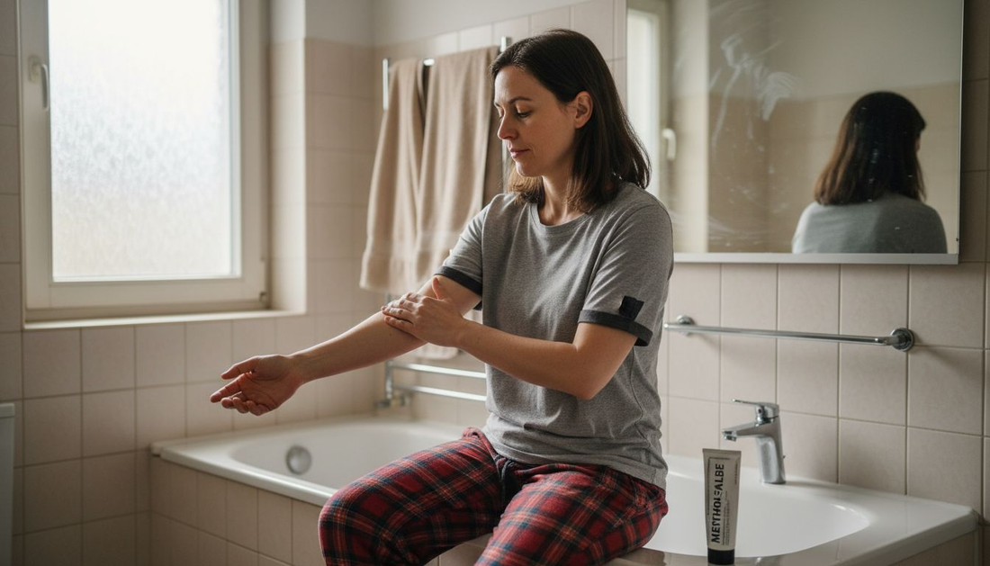 Eine Frau trägt im Badezimmer eine kühlende Mentholcreme auf.