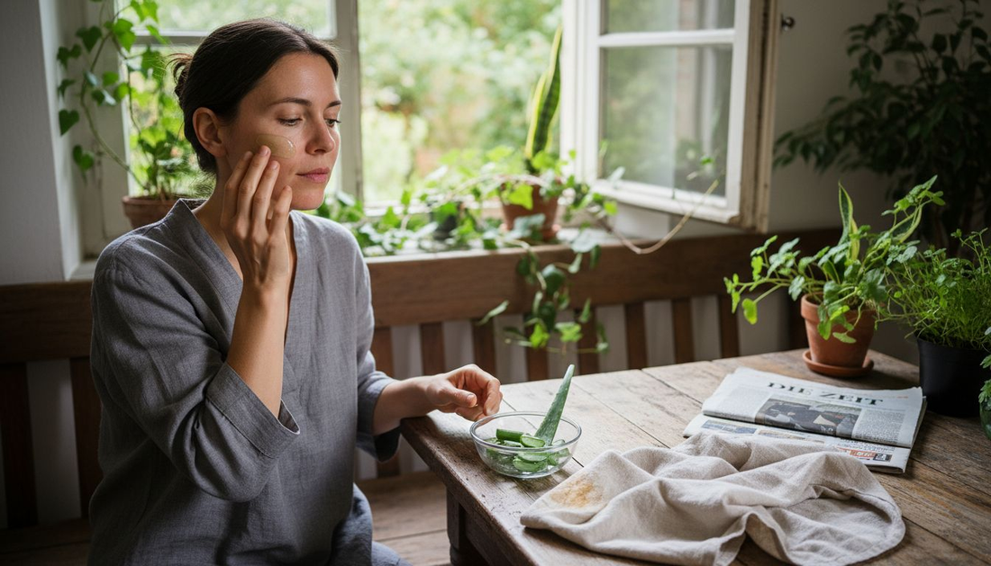 Eine Frau verwöhnt ihre Haut zu Hause mit natürlicher, pflanzlicher Pflege.