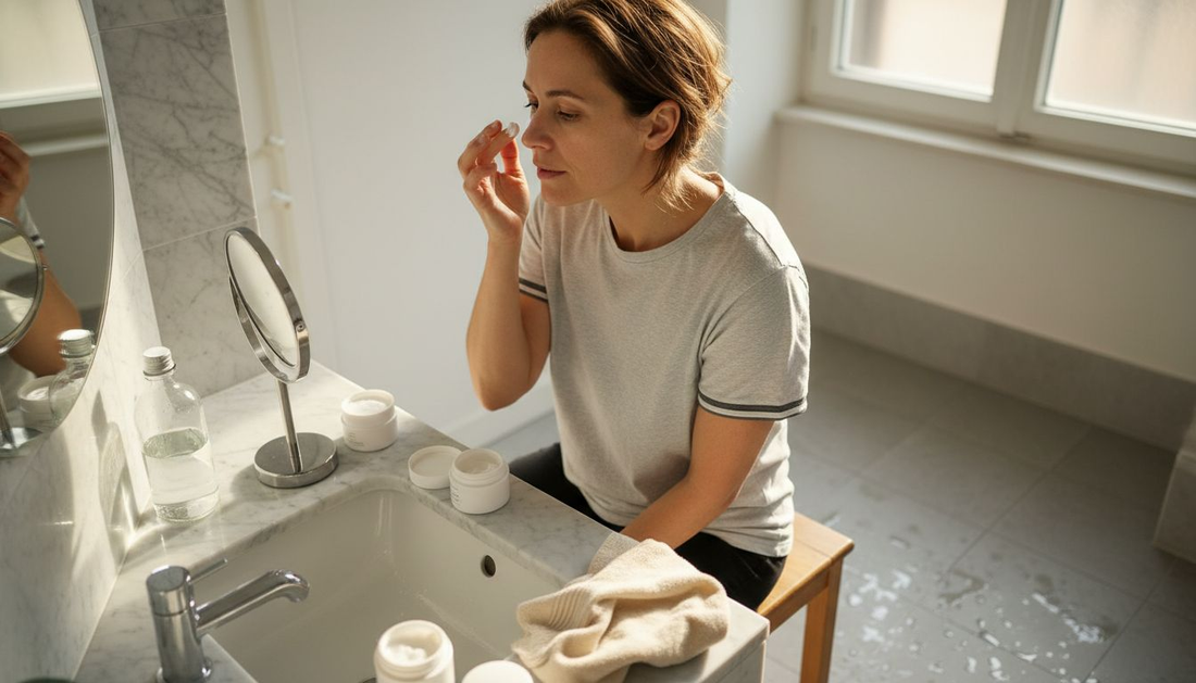 Eine Frau verwöhnt ihre sensible Gesichtshaut mit einer Pflegeroutine in den eigenen vier Wänden.
