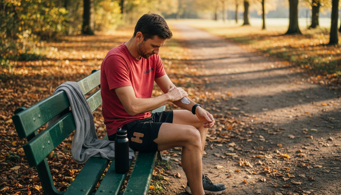 Nach dem Training kümmert sich der Sportler direkt um die Pflege seiner von draußen beanspruchten Haut.