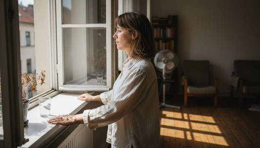 An einem heißen Sommertag sorgt eine Frau durch richtiges Lüften für Abkühlung in ihrer Wohnung.