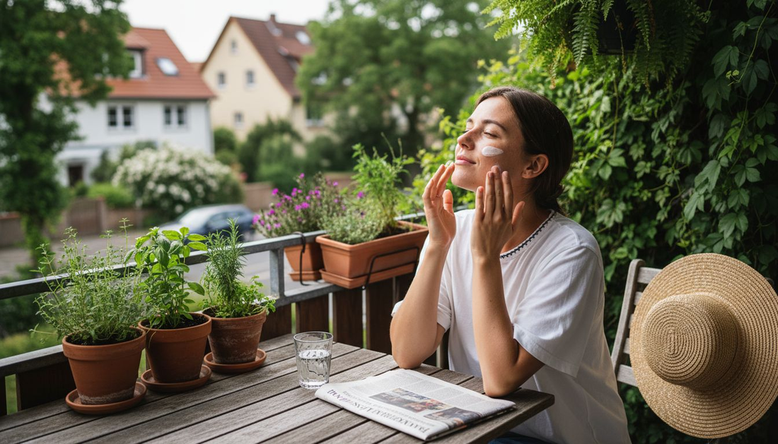 Eine Frau verteilt behutsam Sonnencreme auf ihrem Gesicht.