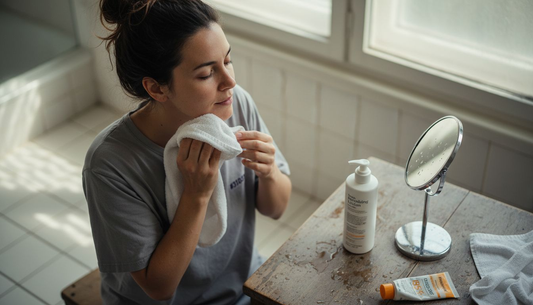 Bevor sie Sonnencreme aufträgt, bereitet die Frau ihre empfindliche Haut sorgfältig vor.