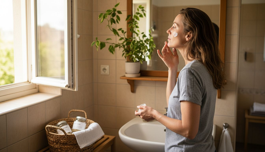 Eine Frau trägt in ihrem Badezimmer ihre Pflegeroutine auf.
