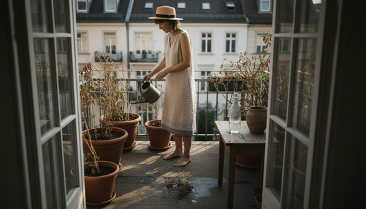 Eine Frau sucht auf ihrem Balkon Schutz vor der Sommerhitze.