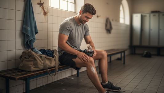 Ein Sportler trägt nach dem Training im Umkleideraum eine Sandelholz-Gesichtspflege auf.
