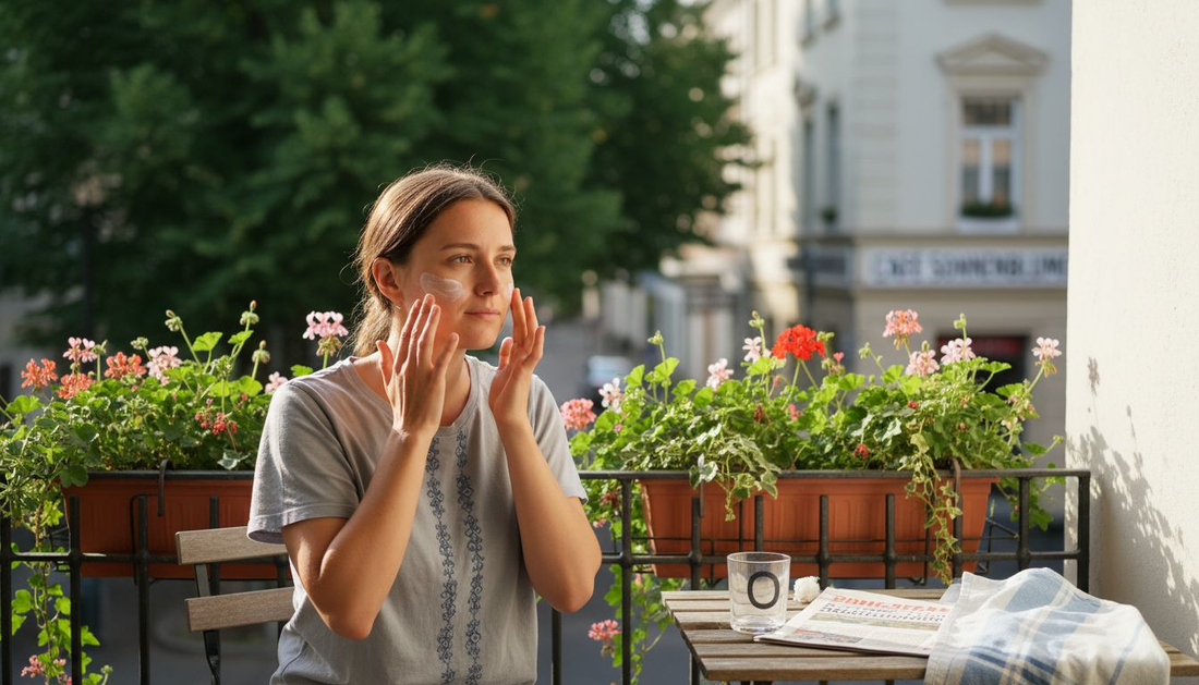 Eine Frau cremt sich auf dem Balkon das Gesicht mit After-Sun-Lotion ein.