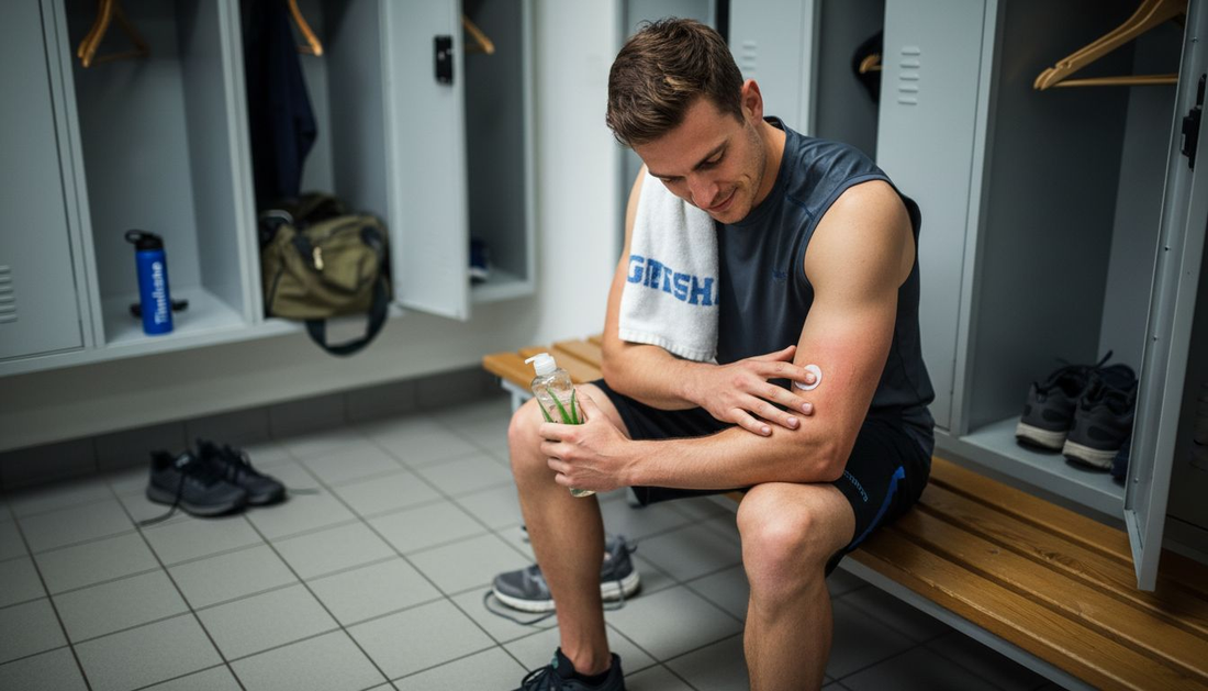 Ein Sportler trägt Aloe Vera auf gereizte Hautstellen auf, um die Haut zu beruhigen.