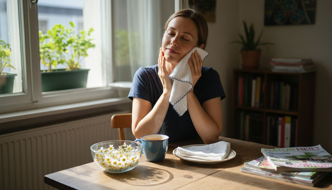 Eine Frau legt sich eine kühlende Kamillenkompresse auf, um Linderung zu verschaffen.