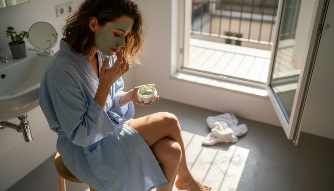 Eine Frau verwöhnt ihre Haut mit einer selbstgemachten Gesichtsmaske aus natürlichen Zutaten.