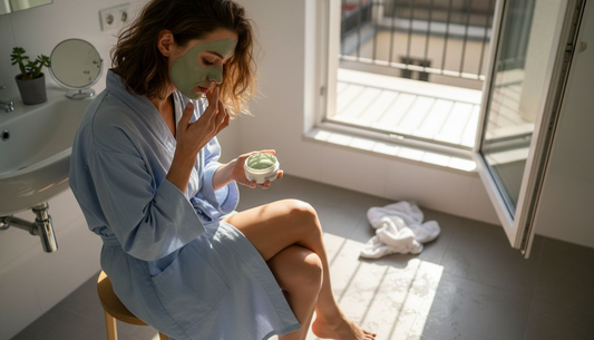 Eine Frau verwöhnt ihre Haut mit einer selbstgemachten Gesichtsmaske aus natürlichen Zutaten.