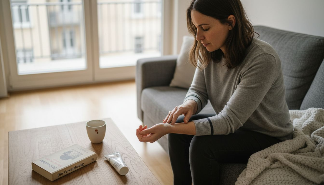 Eine Frau trägt zu Hause Panthenol-Creme auf ihre Haut auf.