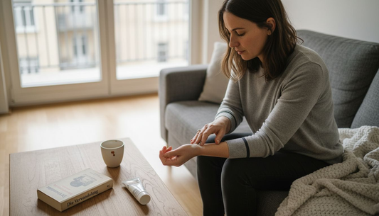 Eine Frau trägt zu Hause Panthenol-Creme auf ihre Haut auf.