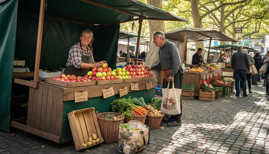 Früh am Morgen herrscht auf dem Wochenmarkt reges Treiben: Frisches Obst und Gemüse aus der Region werden liebevoll an den Ständen präsentiert, die Händler kommen mit den ersten Kunden ins Gespräch und überall duftet es nach Kräutern und frischem Brot.