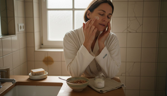 Eine Frau trägt Sandelholzcreme auf ihre Wange auf.
