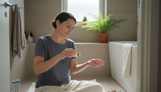 Im Badezimmer verwöhnt sich eine Frau mit wohltuenden ätherischen Ölen.