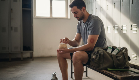 Ein Sportler trägt eine Kräutersalbe auf gereizte Hautstellen auf.
