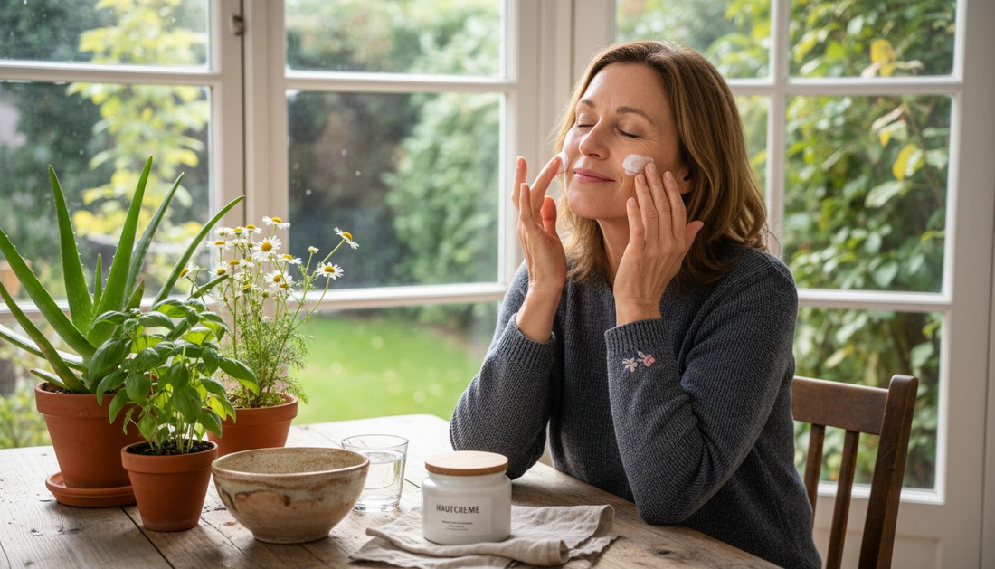 Eine Frau trägt am Küchentisch ihre selbstgemachte Naturkosmetik auf.
