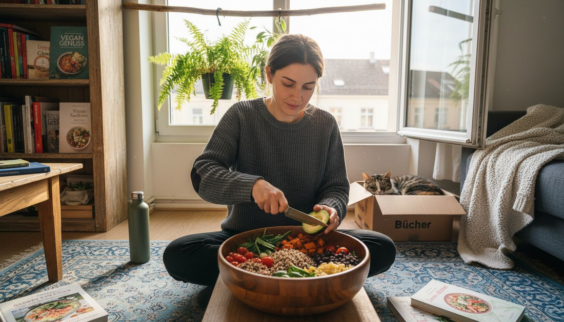 Eine Frau bereitet in ihrem sonnendurchfluteten Wohnzimmer ein veganes Gericht zu.