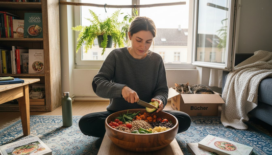 Eine Frau bereitet in ihrem sonnendurchfluteten Wohnzimmer ein veganes Gericht zu.