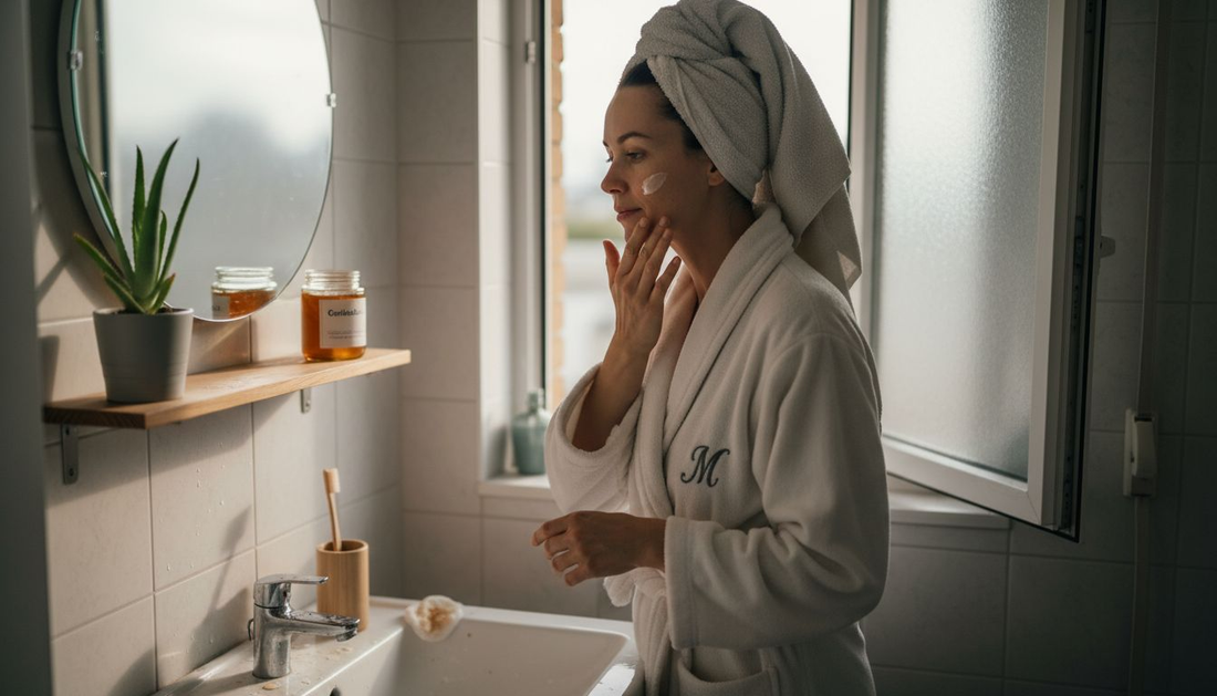 Eine Frau trägt im Badezimmer ihre vegane Gesichtscreme auf.