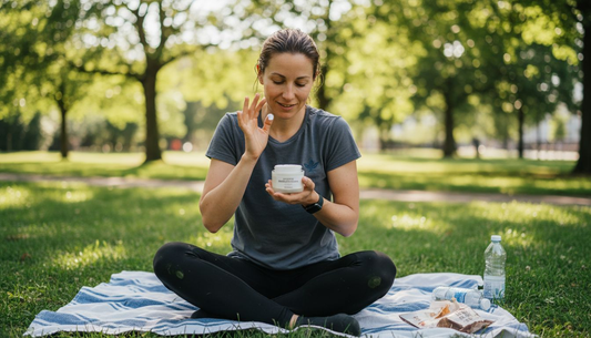 Nach dem Joggen im Park pflegt eine Frau ihre Haut mit einer natürlichen Feuchtigkeitscreme.