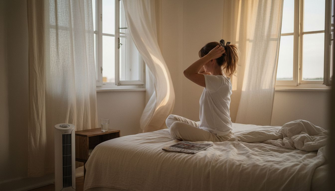 Eine Frau macht im angenehm kühlen Schlafzimmer das Bett frisch.