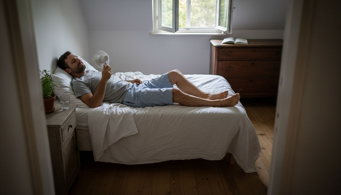Ein Mann genießt die angenehme Kühle seines Schlafzimmers, während der Ventilator für frische Luft sorgt.