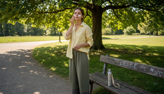 Eine Frau trägt im schattigen Stadtpark Sonnencreme auf.