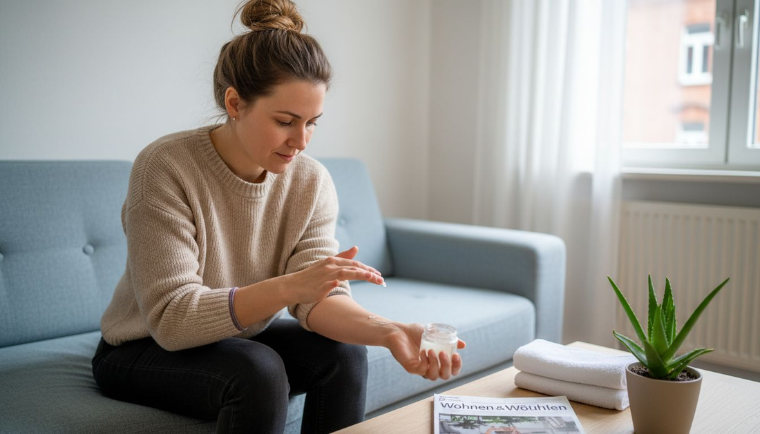 Eine Frau lindert ihren Juckreiz, indem sie ein Gel auf die betroffene Hautstelle aufträgt.