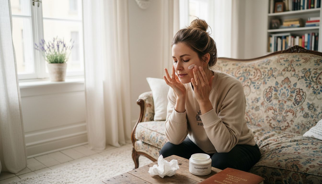 In ihrem sonnendurchfluteten Wohnzimmer trägt eine Frau entspannt Gesichtscreme auf.