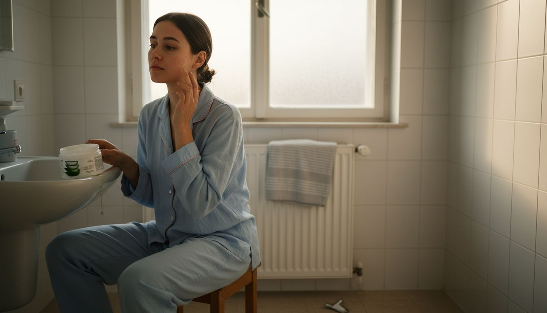 Eine Frau beruhigt ihre empfindliche Haut mit Aloe-Vera-Gel.