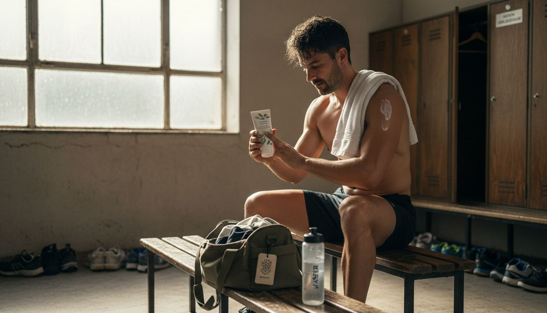 Nach dem Training pflegt die Sportlerin ihre Haut mit natürlichen Produkten.