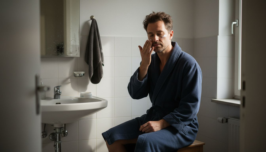 Im Badezimmer pflegt ein Mann seine Haut, indem er eine Feuchtigkeitscreme aufträgt.